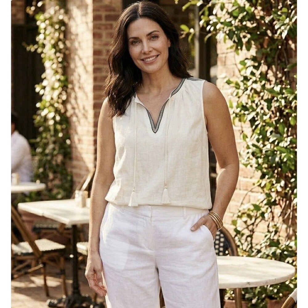 NIC+ZOE Beige Boho Chic 100% Linen Embroidered Sleeveless Tassel Blouse Size XL